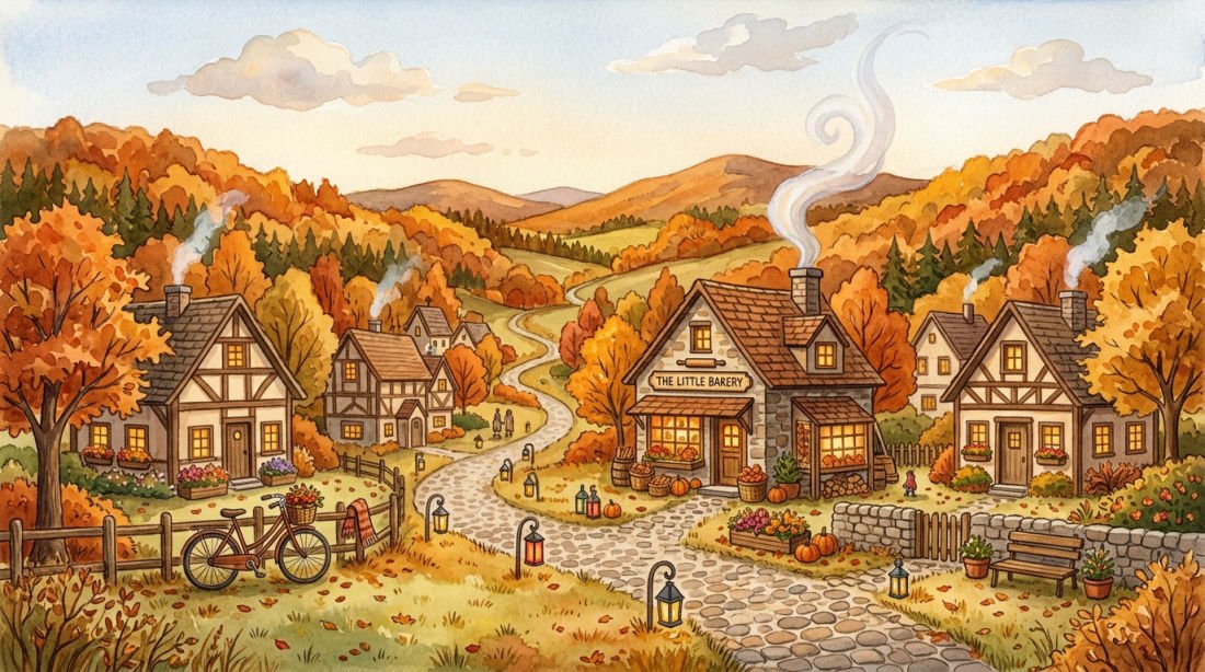 AI autumn village illustration